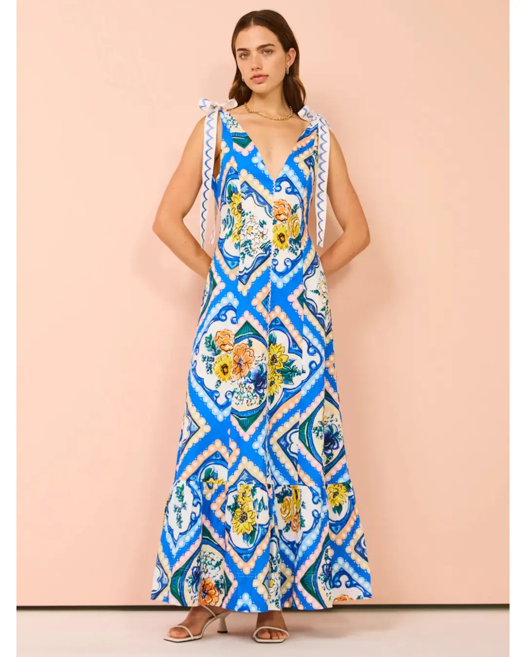 By Nicola Adonica Tie Shoulder Maxi Dress in Azure Flower Size AU 14 for rent on The Volte - main image