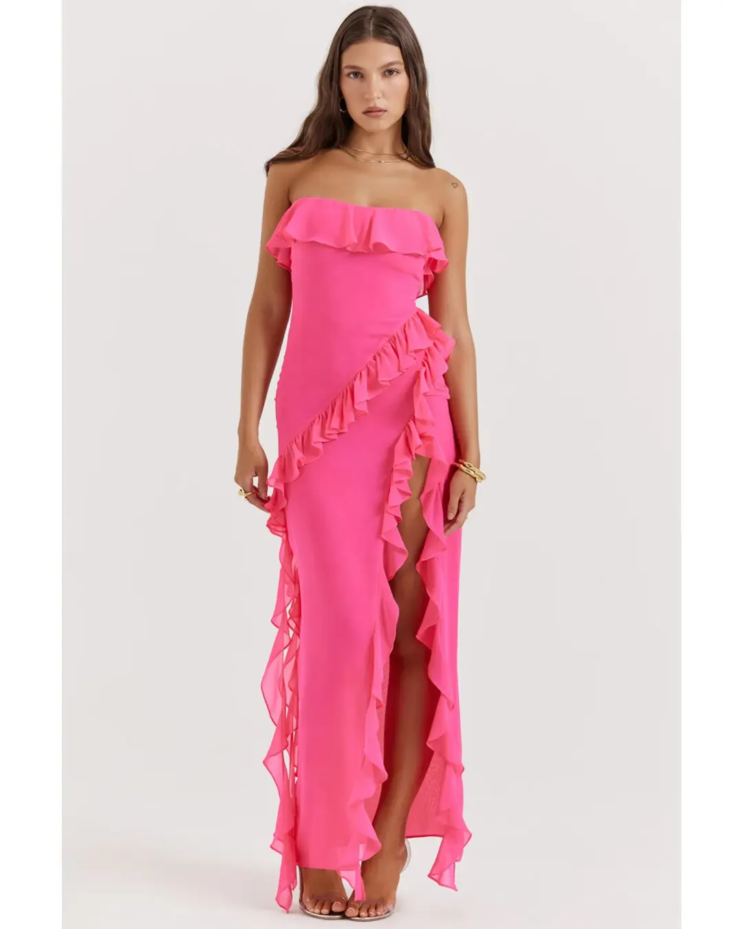 House Of CB Sarina Ruffle Maxi Dress Fuchsia Size AU 8 for rent on The Volte - main image