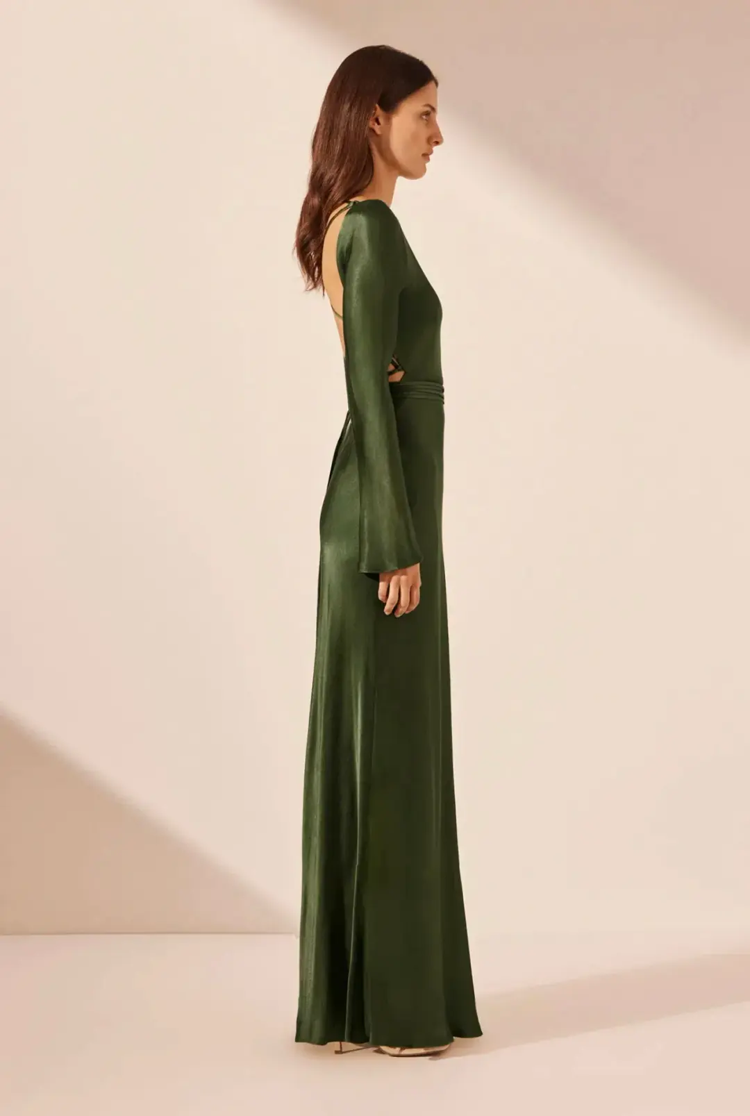 Shona Joy Elia Long Sleeve Open Back Tie Maxi Dress in Fern Size 12 for rent on The Volte - main image