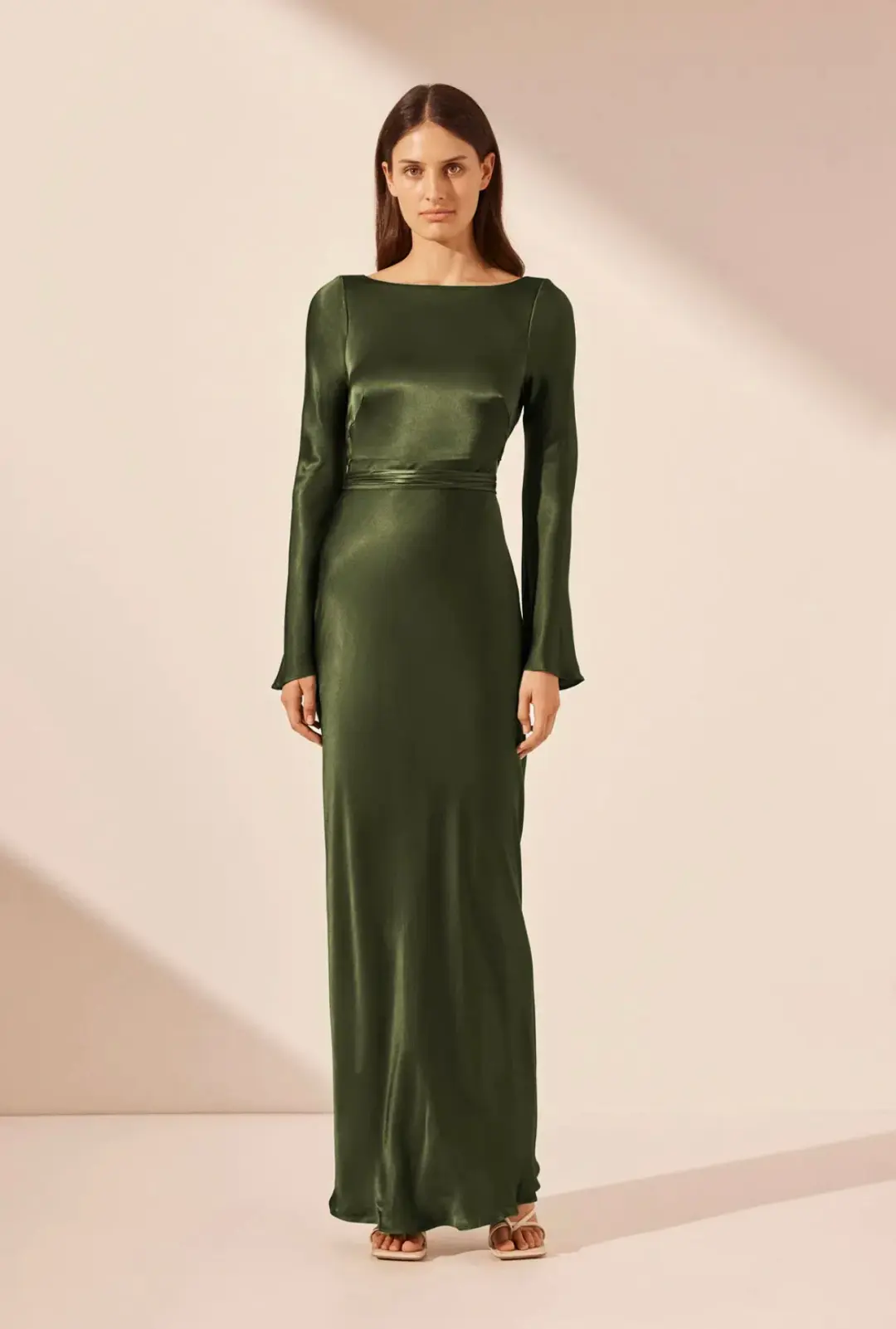 Shona Joy Elia Long Sleeve Open Back Tie Maxi Dress in Fern Size 12 for rent on The Volte - main image