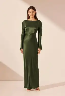 Shona Joy Elia Long Sleeve Open Back Tie Maxi Dress in Fern Size 12 for rent on The Volte - image 1