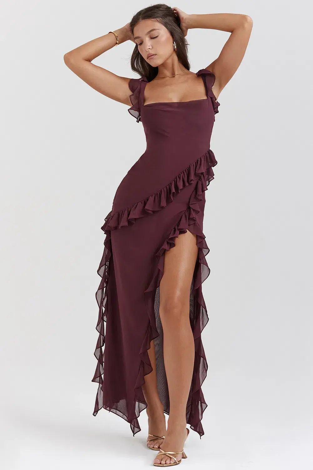 House of CB Ariela Ruffle Maxi Dress Mulberry Size XS / AU 6 for rent on The Volte - main image