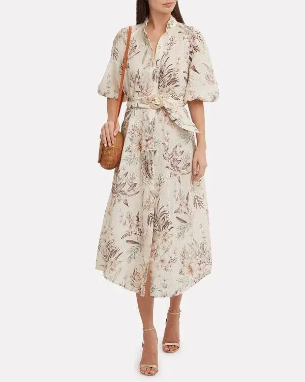 Zimmermann Wayfarer Puff Sleeve Linen Day Tea Shirt Dress Cream Floral Size 2 / AU 12 for rent on The Volte - main image