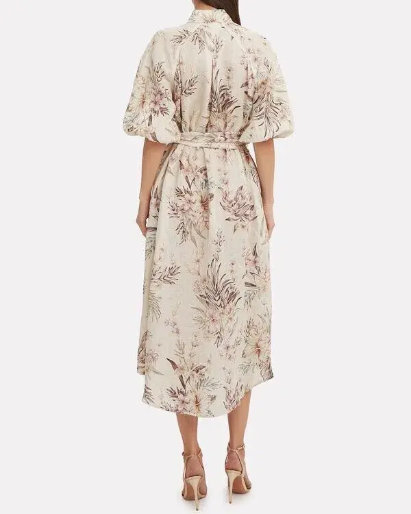 Zimmermann Wayfarer Puff Sleeve Linen Day Tea Shirt Dress Cream Floral Size 2 / AU 12 for rent on The Volte - main image