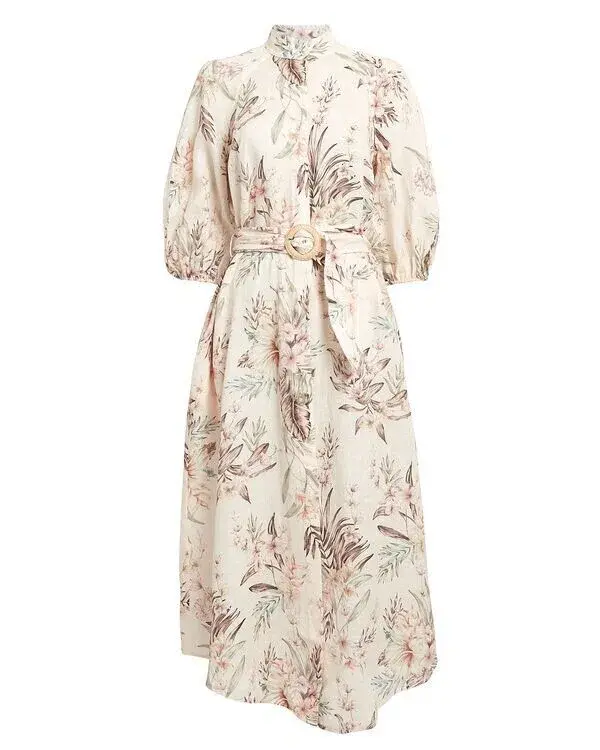 Zimmermann Wayfarer Puff Sleeve Linen Day Tea Shirt Dress Cream Floral Size 2 / AU 12 for rent on The Volte - main image