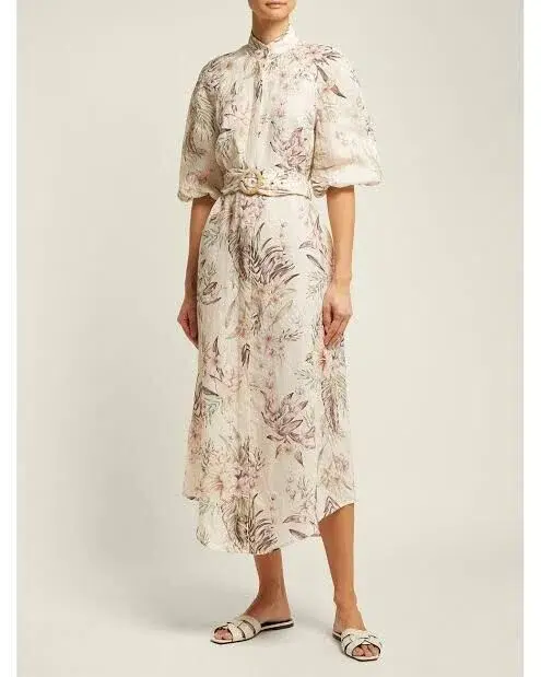 Zimmermann Wayfarer Puff Sleeve Linen Day Tea Shirt Dress Cream Floral Size 2 / AU 12 for rent on The Volte - main image