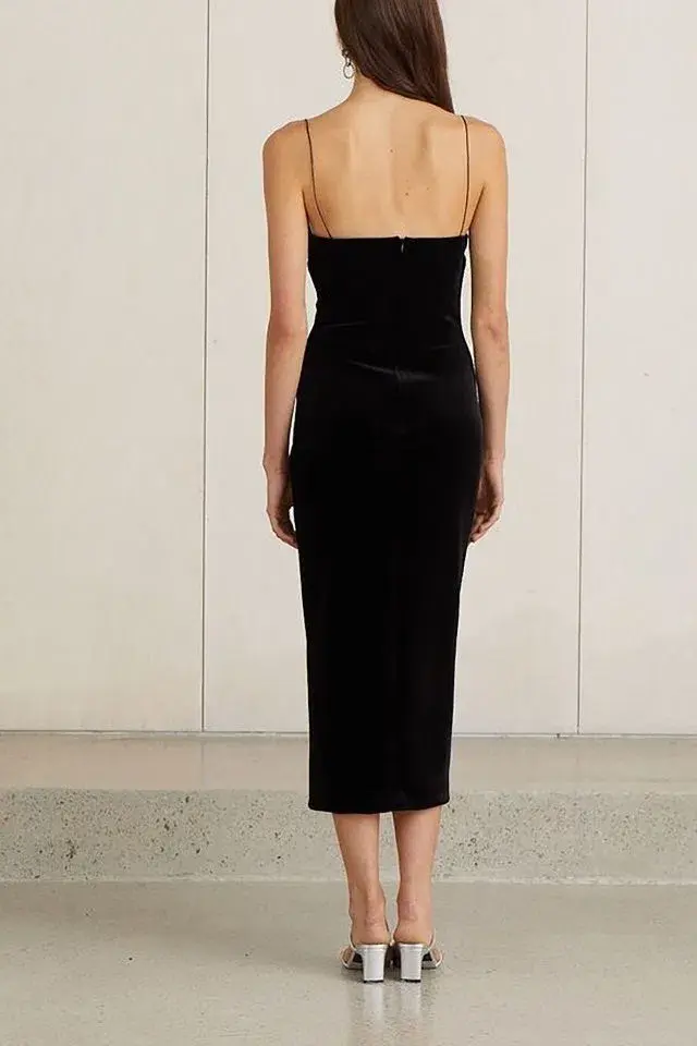 Bec & Bridge Velours Asymmetrical Midi Dress Black Size AU 8 for rent on The Volte - main image