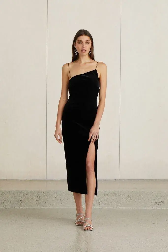 Bec & Bridge Velours Asymmetrical Midi Dress Black Size AU 8 for rent on The Volte - main image