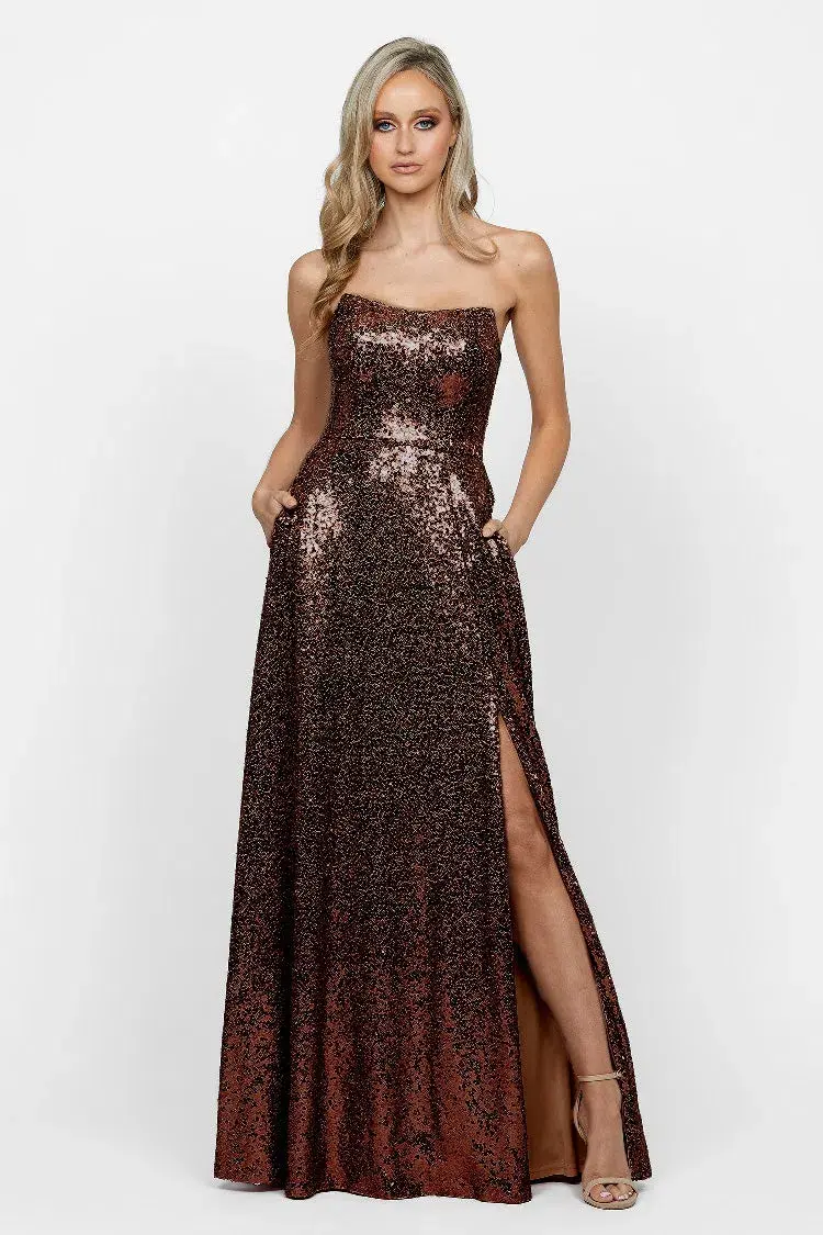 Bariano Miya Strapless Flowy A-line Dress Chocolate Size 10 for rent on The Volte - main image