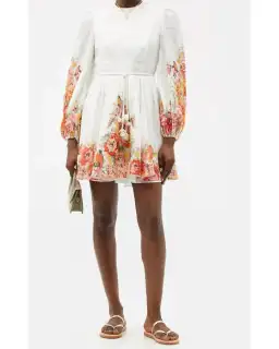 Zimmermann Mae Embellished Linen Mini Dress Floral Print Size AU 8 for rent on The Volte - image 1