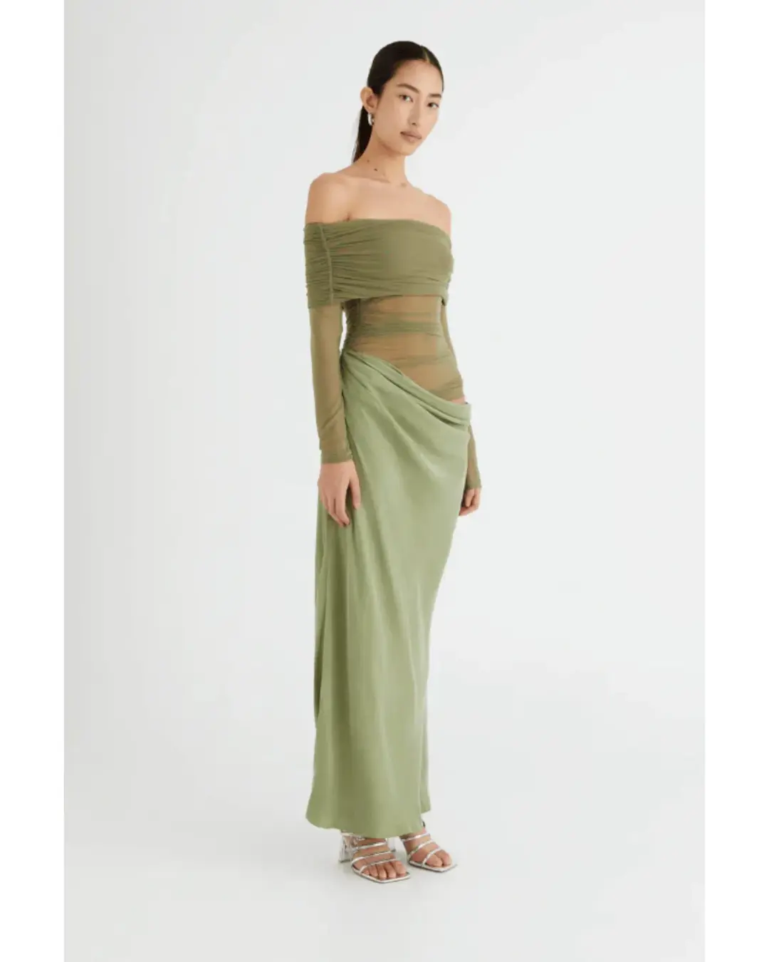 Benni Yasmin Off Shoulder Maxi Dress Pistachio Size AU 10 for rent on The Volte - main image