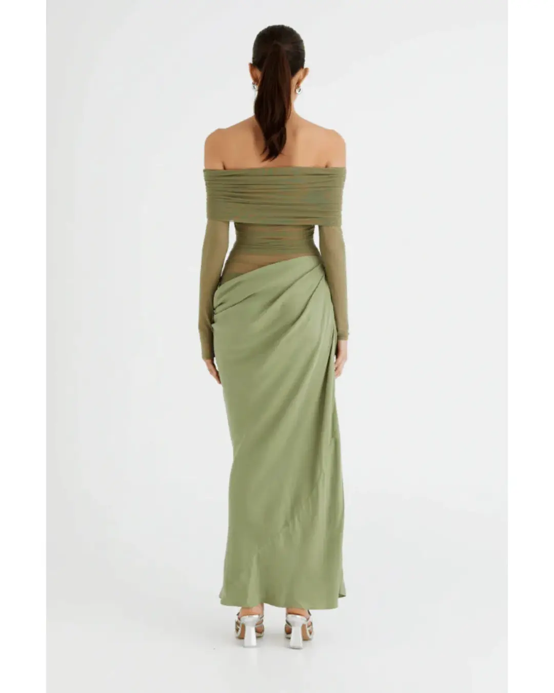 Benni Yasmin Off Shoulder Maxi Dress Pistachio Size AU 10 for rent on The Volte - main image
