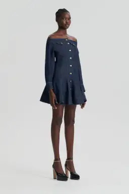 Scanlan Theodore Denim Skater Off Shoulder Mini Dress Indigo Size 8 for rent on The Volte - image 1