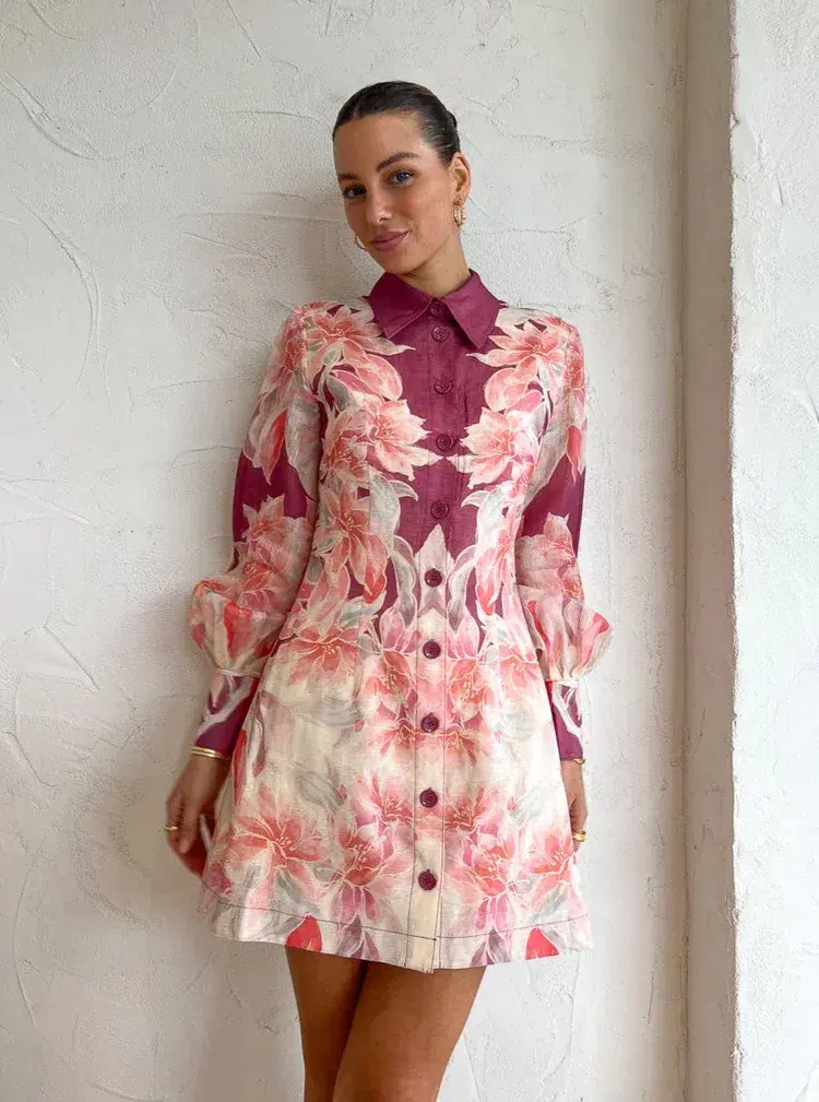 Leo Lin Luminous Silk Linen Mini Dress in Orient Print in Hibiscus Pink Size 10 - Image 5