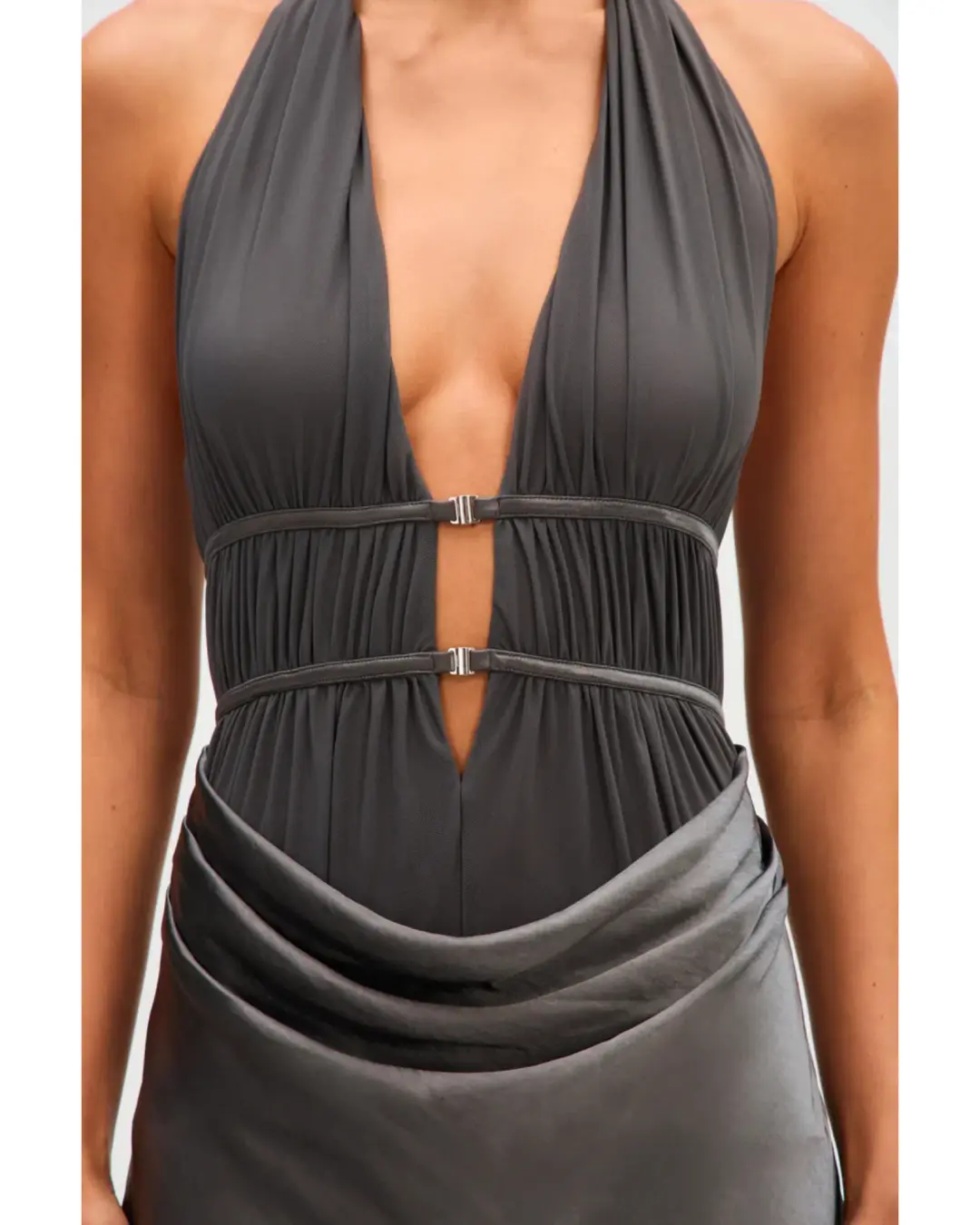 MISHA Celine Satin Maxi Dress Pewter Size 6/XS for rent on The Volte - main image