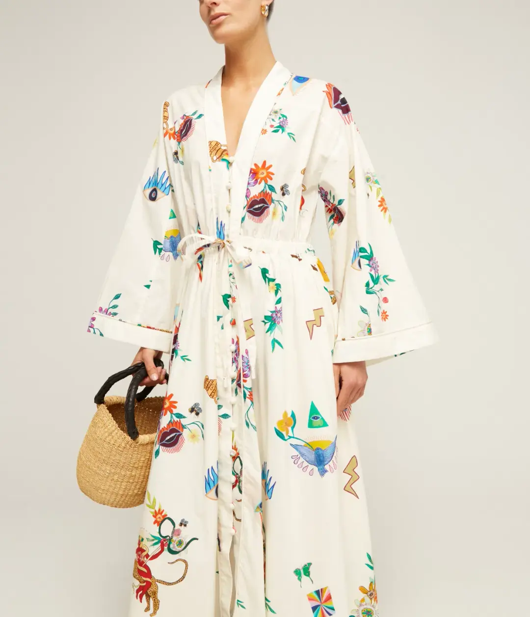 Alemais Meagan Cotton Poplin Kaftan Dress Cream Multi Size 14 for rent on The Volte - main image