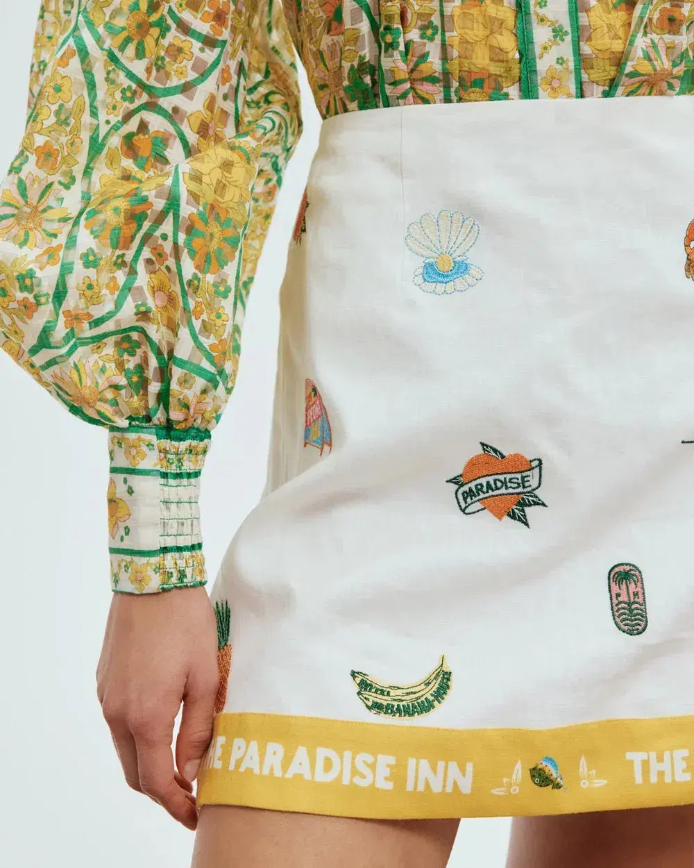 Alemais Blue Marlin Embroidered Shirt and Skirt Set Cream Multi Size 14 for rent on The Volte - main image