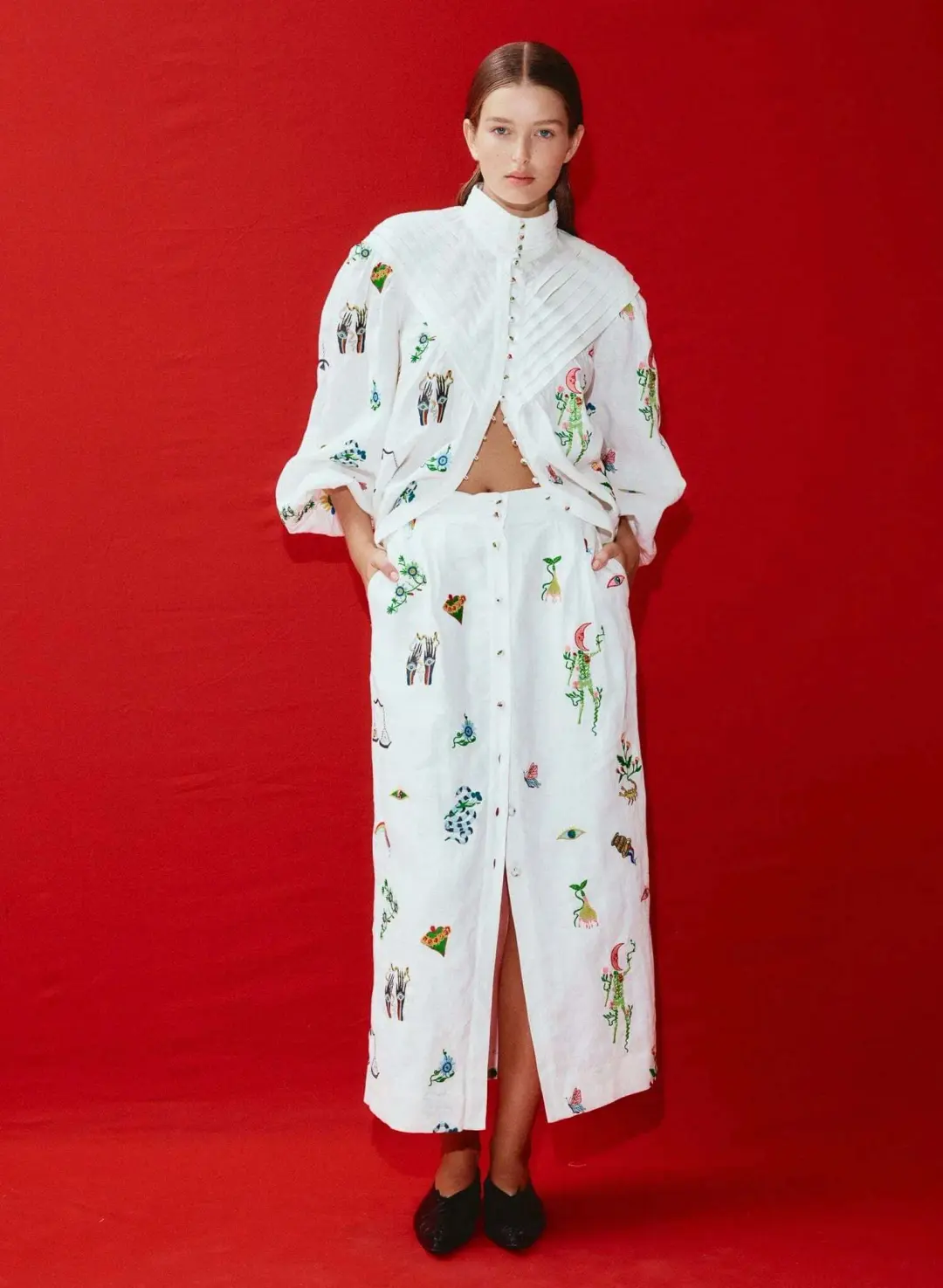 Alemais Atticus Embroidered Shirt and Skirt Set Cream Multi Size 12 for rent on The Volte - main image