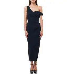 Mossman Virtuous One-Shoulder Midi Dress Navy Size 6