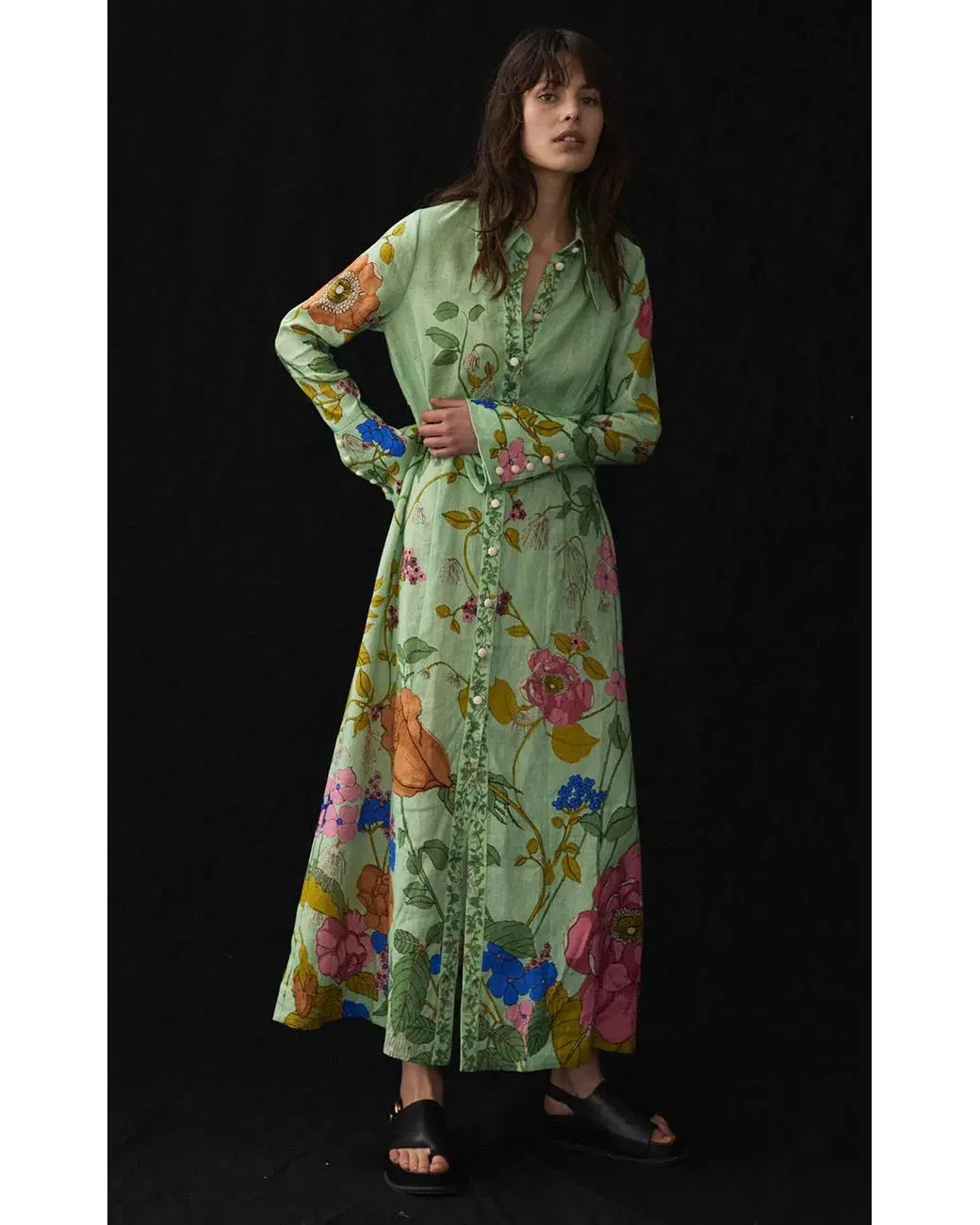 Alemais Olivia Floral Linen Maxi Shirt Dress Green Size 16 for rent on The Volte - main image