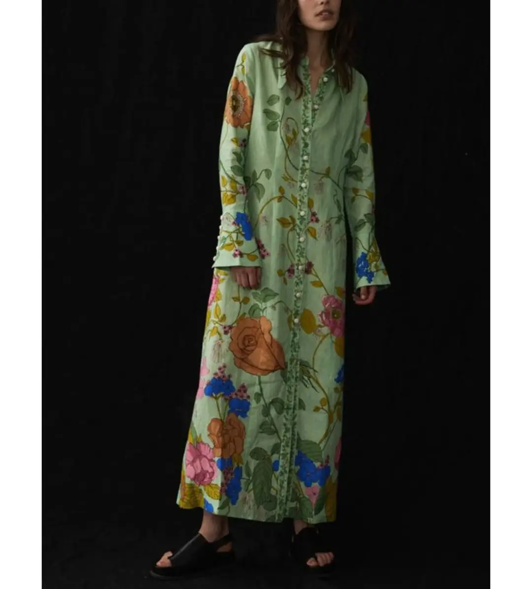Alemais Olivia Floral Linen Maxi Shirt Dress Green Size 16 for rent on The Volte - main image