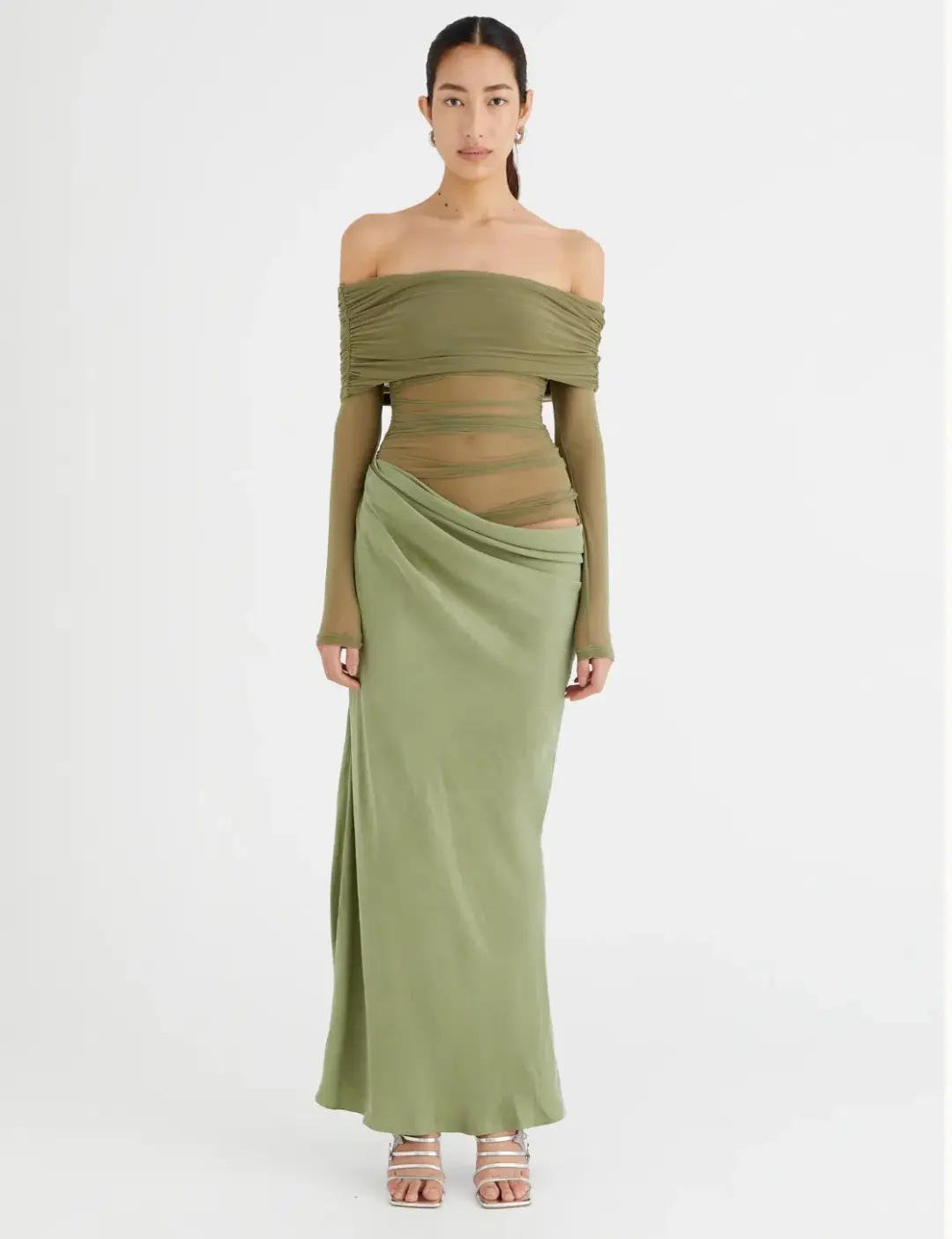 Benni Yasmin Off Shoulder Maxi Dress Pistachio Green Size 10 for rent on The Volte - main image