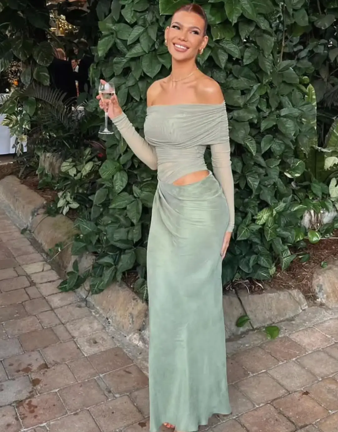 Benni Yasmin Off Shoulder Maxi Dress Pistachio Green Size 10 for rent on The Volte - main image