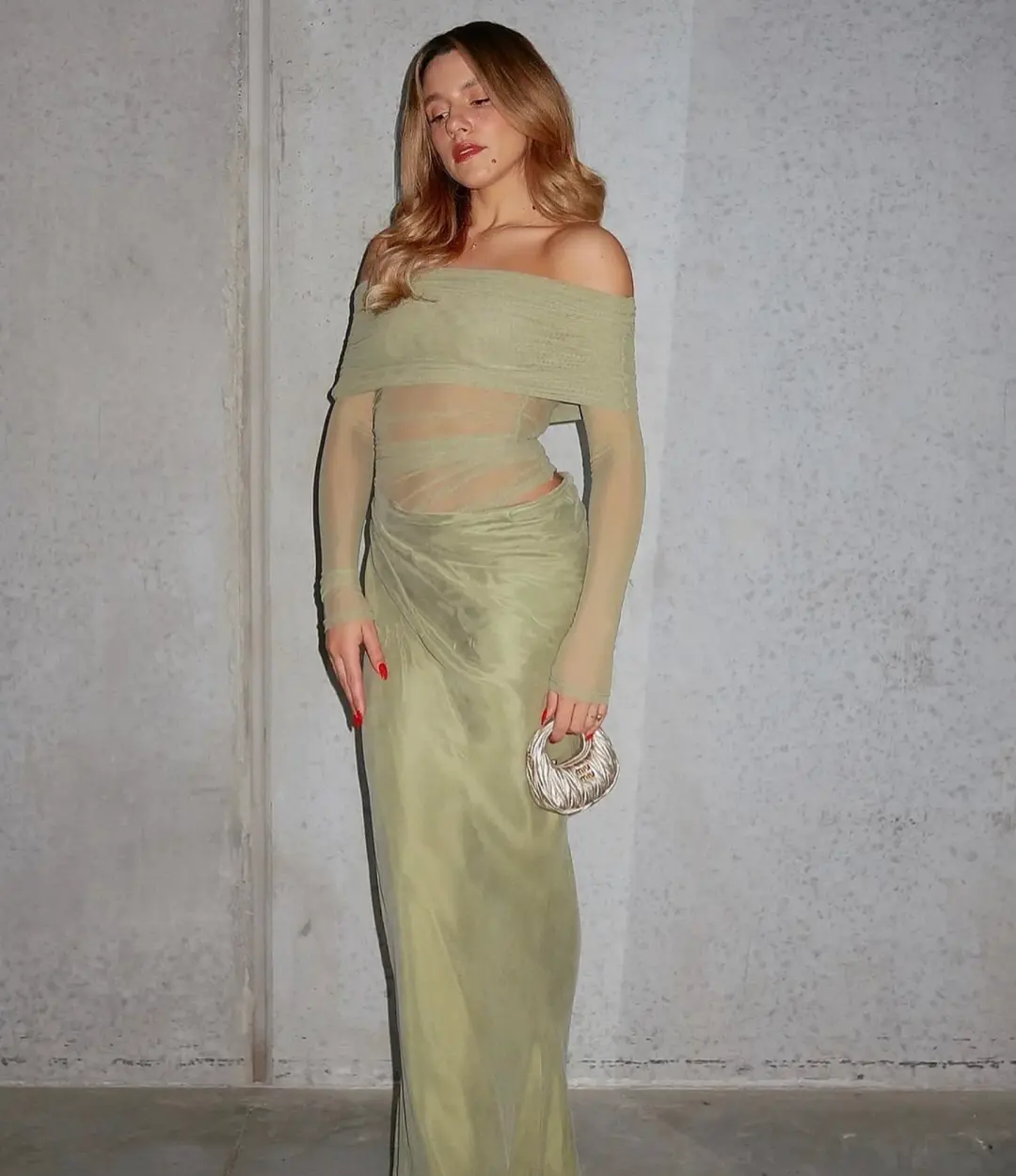 Benni Yasmin Off Shoulder Maxi Dress Pistachio Green Size 10 for rent on The Volte - main image
