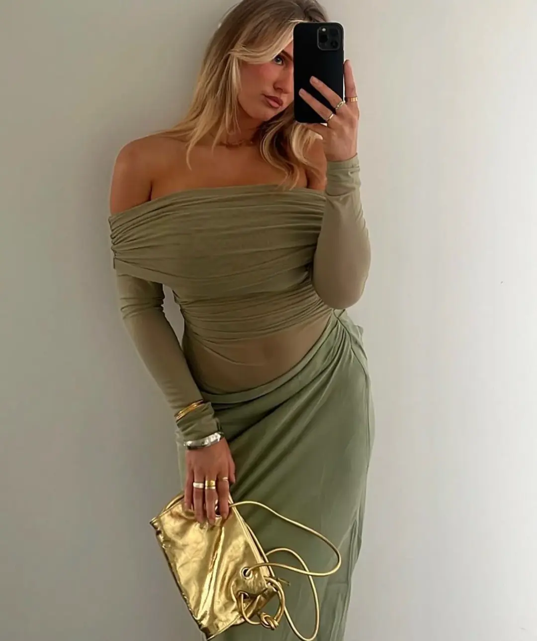 Benni Yasmin Off Shoulder Maxi Dress Pistachio Green Size 10 for rent on The Volte - main image