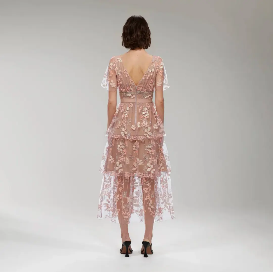 Self Portrait Flower Mesh Tiered Midi Dress Pink Size 12 for rent on The Volte - main image