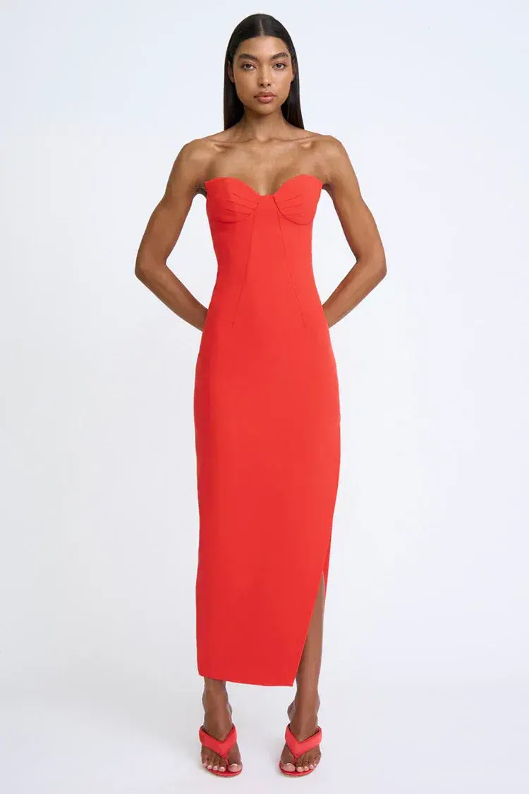 By Johnny Sahana Shell Shape Strapless Midi Dress Red Size 6 for rent on The Volte - main image