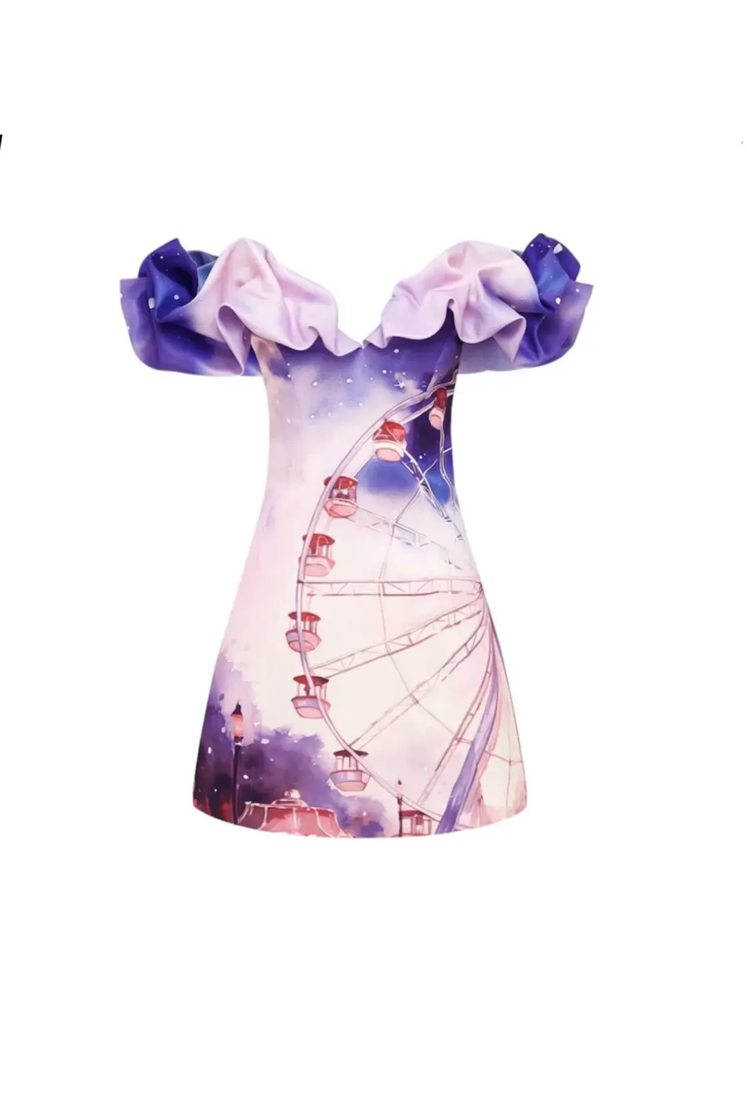 Leo Lin Bella Off Shoulder Frill Mini Dress Fairground Print Size 10 for rent on The Volte - main image