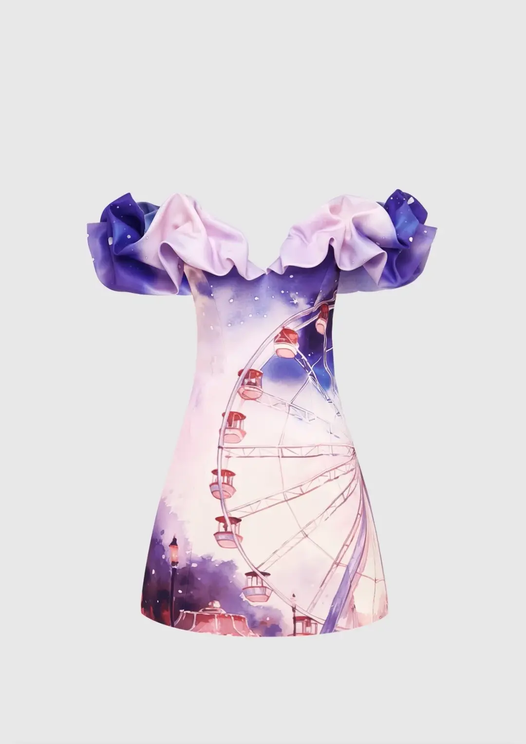 Leo Lin Bella Off Shoulder Frill Mini Dress Fairground Print Size 10 for rent on The Volte - main image