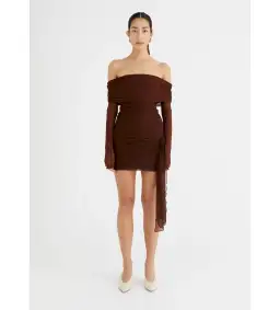 BENNI Yasmin Off Shoulder Mini Dress in Cacao Size S/AU 8