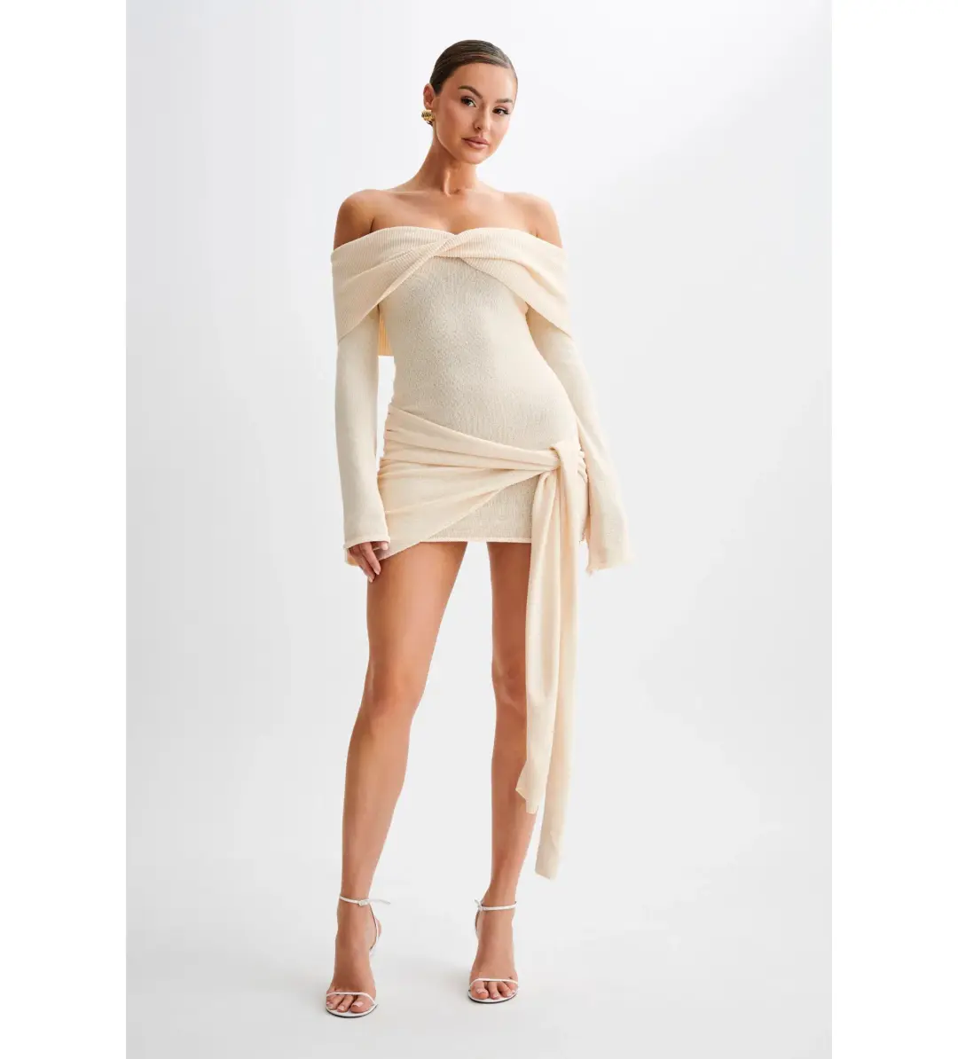 MESHKI Camryn Off Shoulder Tie Knit Mini Dress in Cream Marle Size S/AU 8 for rent on The Volte - main image