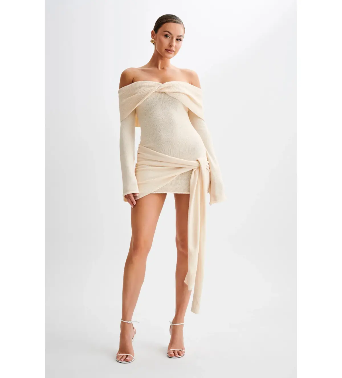MESHKI Camryn Off Shoulder Tie Knit Mini Dress in Cream Marle Size S/AU 8 - Image 1
