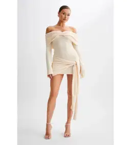 MESHKI Camryn Off Shoulder Tie Knit Mini Dress in Cream Marle Size S/AU 8 for rent on The Volte - image 1