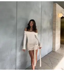 MESHKI Camryn Off Shoulder Tie Knit Mini Dress in Cream Marle Size S/AU 8 for rent on The Volte - image 6