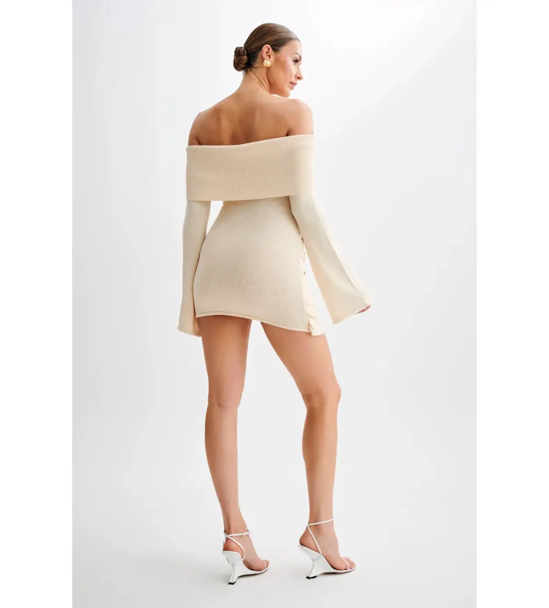 MESHKI Camryn Off Shoulder Tie Knit Mini Dress in Cream Marle Size S/AU 8 for rent on The Volte - main image