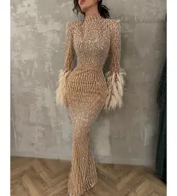 Vildane Kamerolli Elegant Feather Golden Maxi Dress Size AU 8