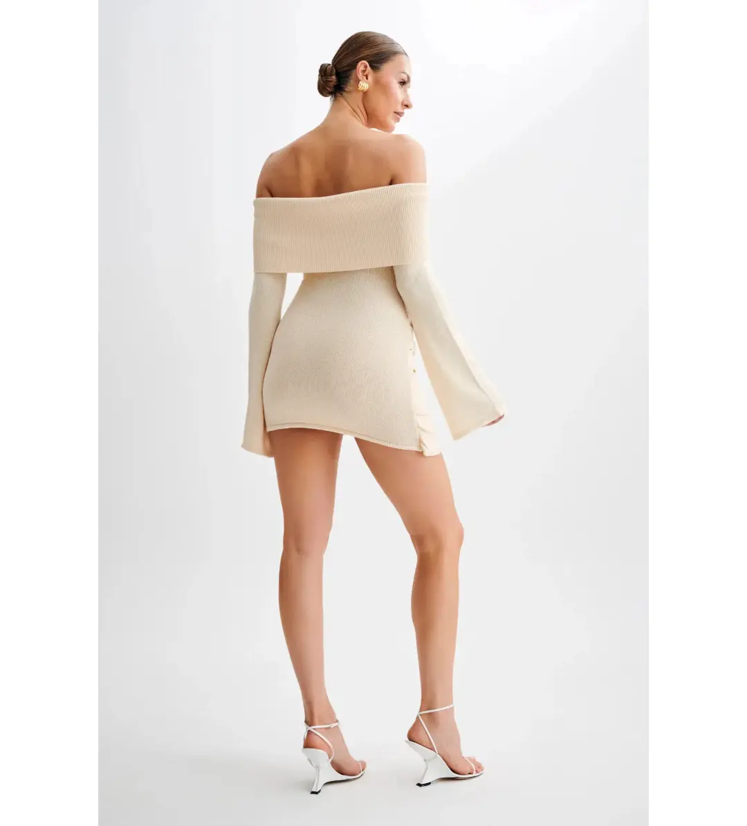 MESHKI Camryn Off Shoulder Tie Knit Mini Dress in Cream Marle Size XS/AU 6 for rent on The Volte - main image
