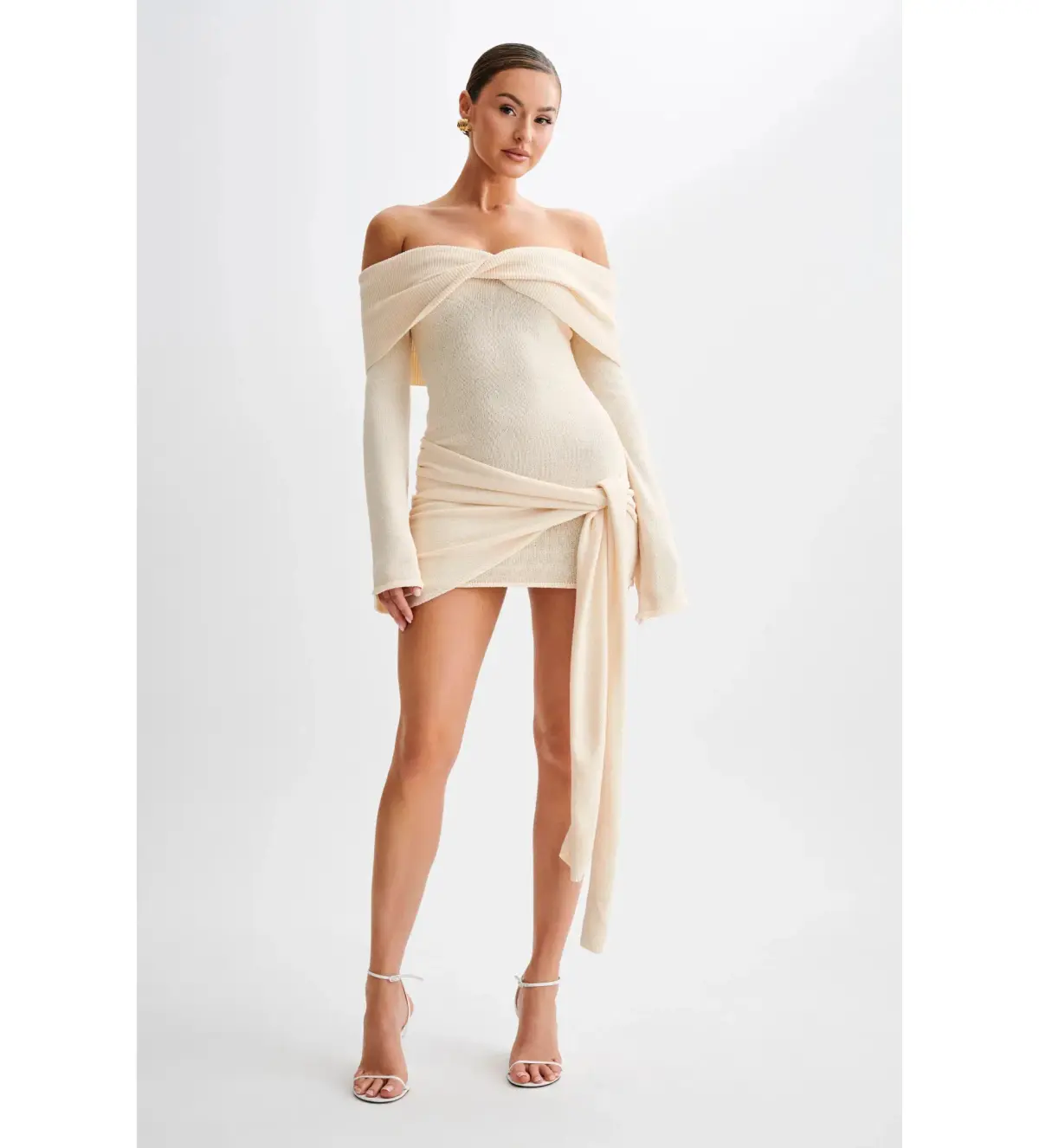 MESHKI Camryn Off Shoulder Tie Knit Mini Dress in Cream Marle Size XS/AU 6 - Image 1
