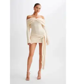 MESHKI Camryn Off Shoulder Tie Knit Mini Dress in Cream Marle Size XS/AU 6 for rent on The Volte - image 1