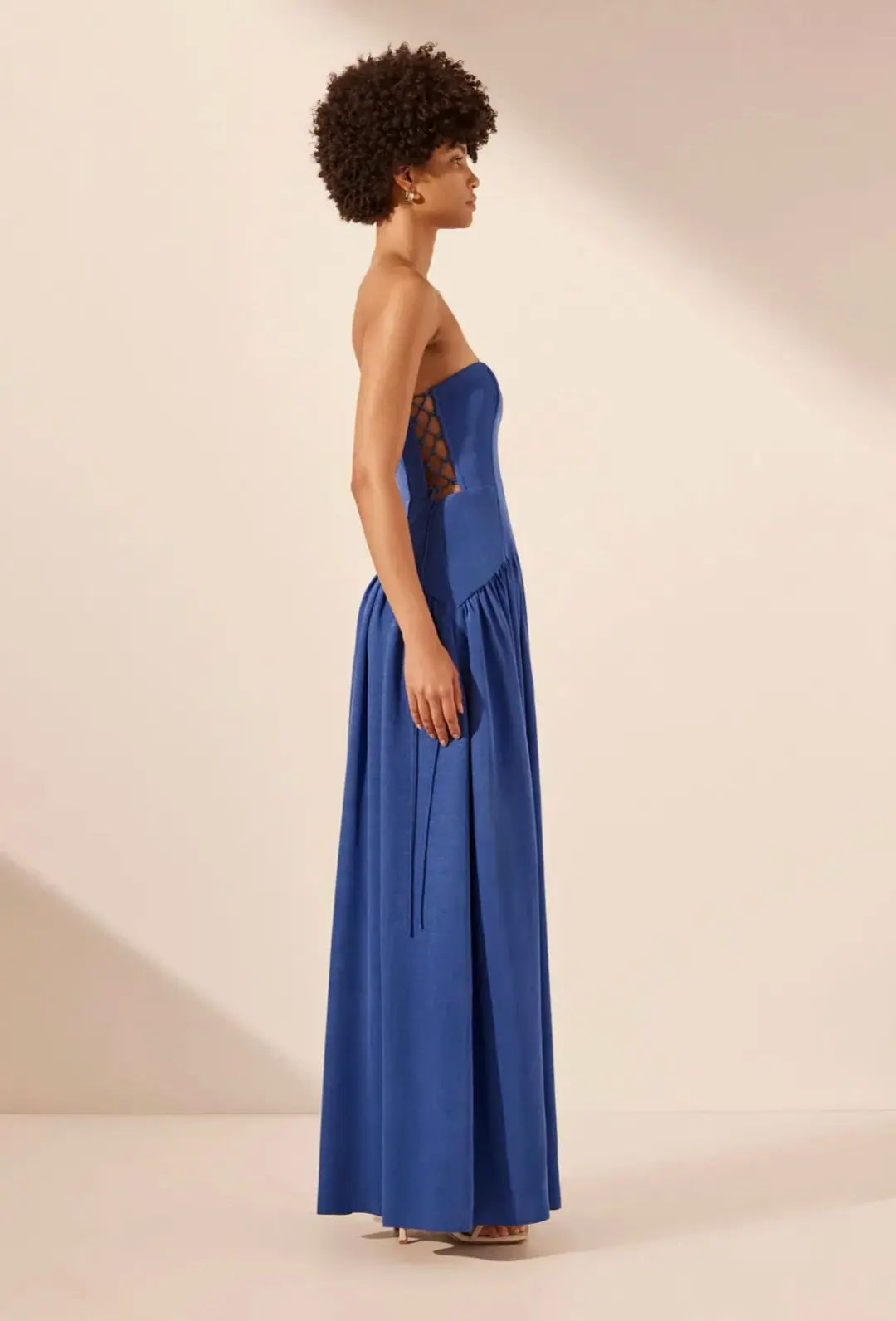 Shona Joy Vento Lace Up Strapless Maxi Dress in Cobalt Blue Size 10 for rent on The Volte - main image