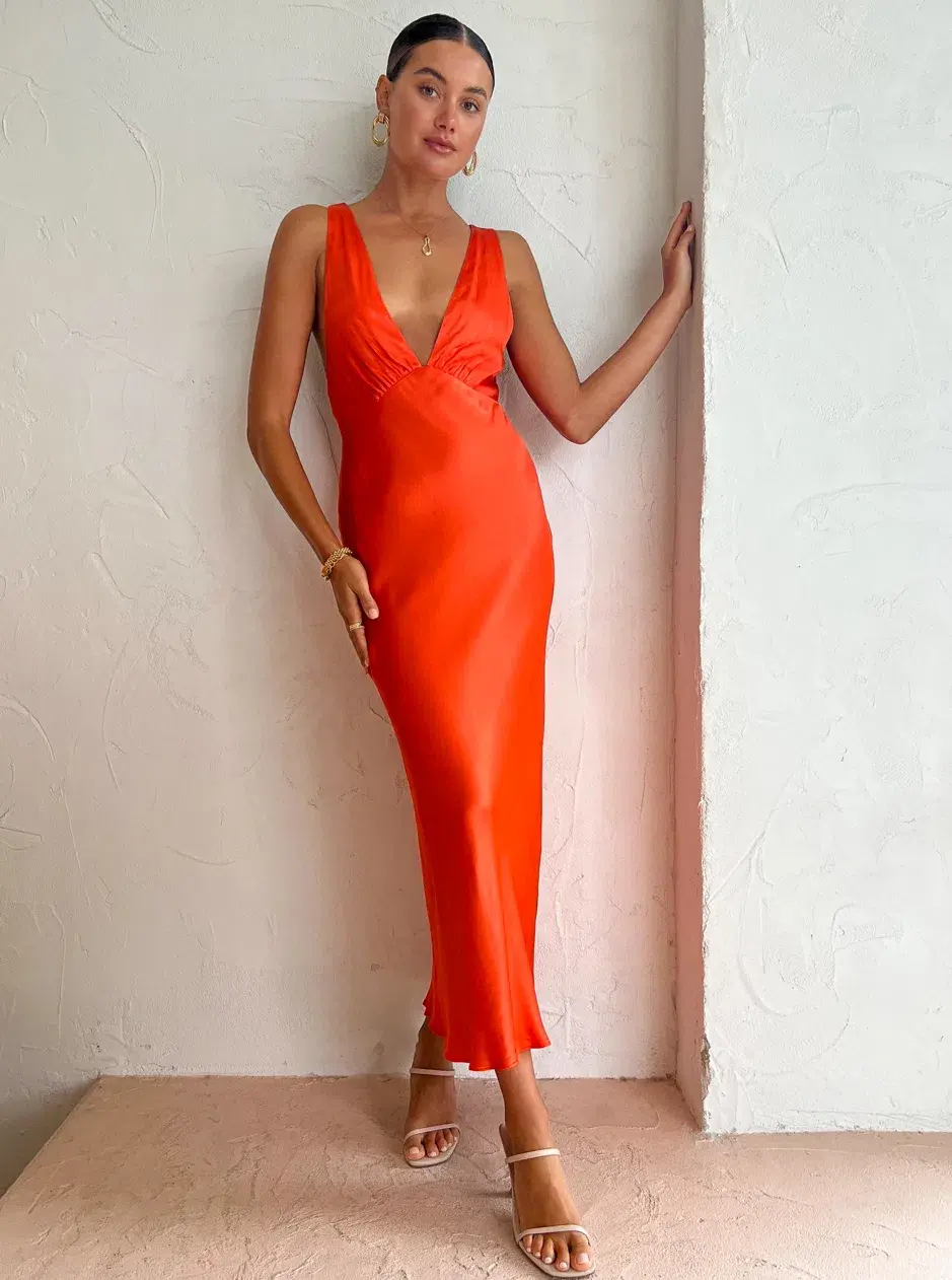 Shona Joy Milo Plunge Cross Back Midi Dress Hibiscus Size 10 for rent on The Volte - main image
