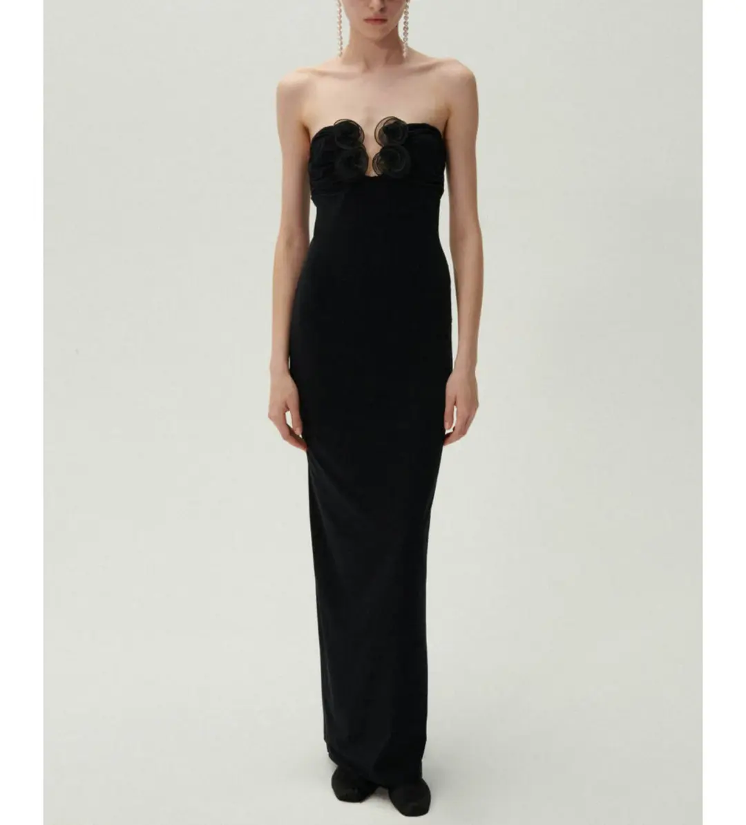 Magda Butrym Strapless Flower Appliqué Maxi Dress Black Size 6 for rent on The Volte - main image