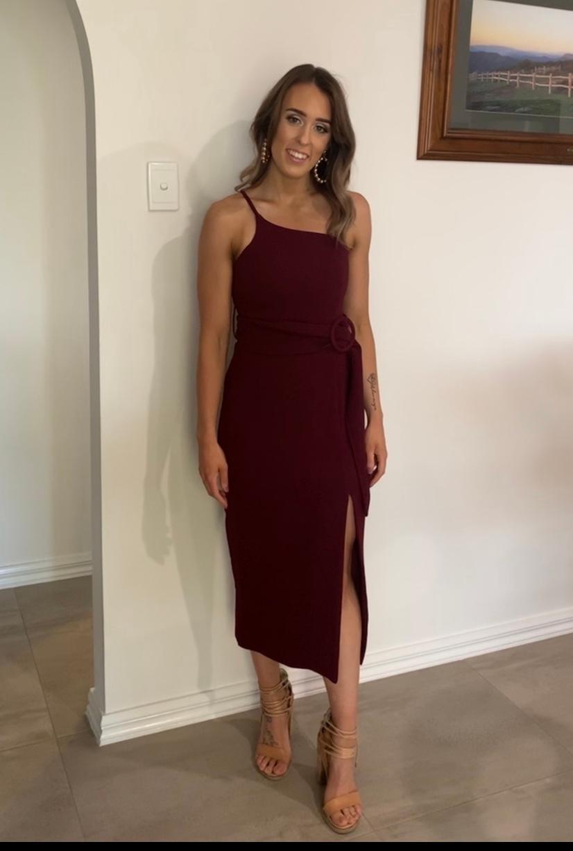 Shona Joy Andrea One-Shoulder Fitted Midi Dress Burgundy 6 for rent on The Volte - main image