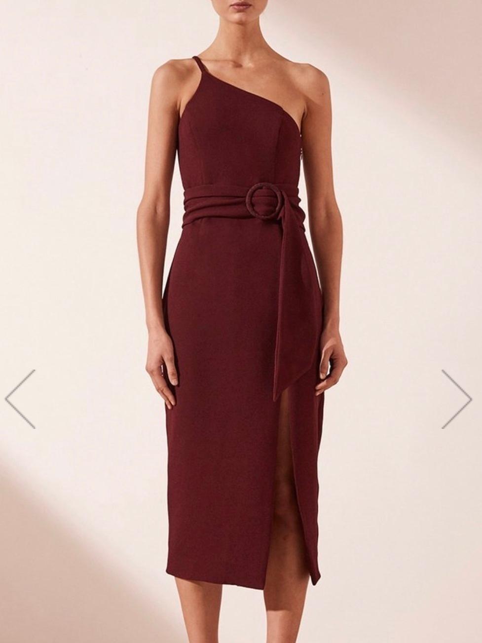 Shona Joy Andrea One-Shoulder Fitted Midi Dress Burgundy 6 for rent on The Volte - main image