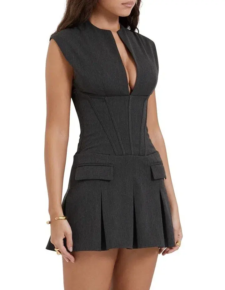 House of CB Eleanor Pleated Corset Mini Dress in Charcoal Size 6 - Image 3