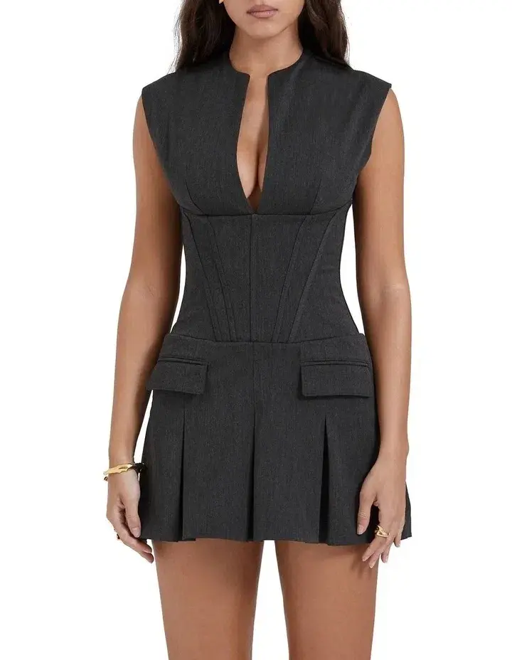 House of CB Eleanor Pleated Corset Mini Dress in Charcoal Size 6 - Image 2
